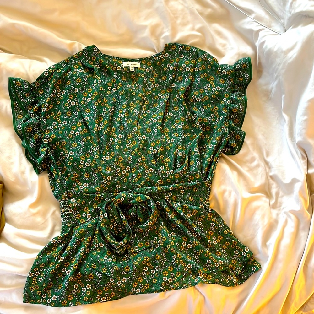 Emerald Green floral waist tie shirt
